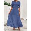 imageBTFBM Women Casual Summer Dresses 2025 Spring Crew Neck Ruffle Short Sleeve Floral Print Smocked Boho Flowy Maxi DressSolid Grey Blue