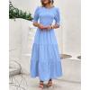 imageBTFBM Women Casual Summer Dresses 2025 Spring Crew Neck Ruffle Short Sleeve Floral Print Smocked Boho Flowy Maxi DressSolid Light Blue