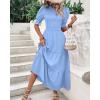 imageBTFBM Women Casual Summer Dresses 2025 Spring Crew Neck Ruffle Short Sleeve Floral Print Smocked Boho Flowy Maxi DressSolid Light Blue