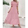 imageBTFBM Women Casual Summer Dresses 2025 Spring Crew Neck Ruffle Short Sleeve Floral Print Smocked Boho Flowy Maxi DressSolid Light Pink