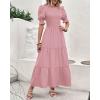 imageBTFBM Women Casual Summer Dresses 2025 Spring Crew Neck Ruffle Short Sleeve Floral Print Smocked Boho Flowy Maxi DressSolid Light Pink