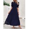 imageBTFBM Women Casual Summer Dresses 2025 Spring Crew Neck Ruffle Short Sleeve Floral Print Smocked Boho Flowy Maxi DressSolid Navy