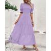 imageBTFBM Women Casual Summer Dresses 2025 Spring Crew Neck Ruffle Short Sleeve Floral Print Smocked Boho Flowy Maxi DressSolid Purple