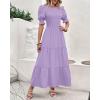 imageBTFBM Women Casual Summer Dresses 2025 Spring Crew Neck Ruffle Short Sleeve Floral Print Smocked Boho Flowy Maxi DressSolid Purple