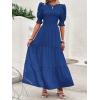 imageBTFBM Women Casual Summer Dresses 2025 Spring Crew Neck Ruffle Short Sleeve Floral Print Smocked Boho Flowy Maxi DressSolid Royal Blue
