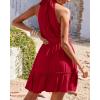 imageBTFBM Women Halter Neck Summer Dresses 2025 Spring Casual Sleeveless Floral Polka Dot Ruffle Mini Boho Beach Sun DressSolid Wine Red