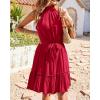 imageBTFBM Women Halter Neck Summer Dresses 2025 Spring Casual Sleeveless Floral Polka Dot Ruffle Mini Boho Beach Sun DressSolid Wine Red