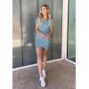 imageBTFBM Womens 2025 Summer Casual Beach Dresses Crew Neck Short Sleeve Wrap Party Club Mini Ruched Bodycon T Shirt DressBlue