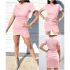 imageBTFBM Womens 2025 Summer Casual Beach Dresses Crew Neck Short Sleeve Wrap Party Club Mini Ruched Bodycon T Shirt DressPink