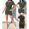 imageBTFBM Womens 2025 Summer Casual Beach Dresses Crew Neck Short Sleeve Wrap Party Club Mini Ruched Bodycon T Shirt DressSolid Army Green