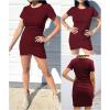 imageBTFBM Womens 2025 Summer Casual Beach Dresses Crew Neck Short Sleeve Wrap Party Club Mini Ruched Bodycon T Shirt DressWine Red
