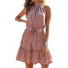 imageBTFBM Women Halter Neck Summer Dresses 2025 Spring Casual Sleeveless Floral Polka Dot Ruffle Mini Boho Beach Sun DressFloral Brick Red