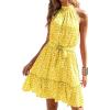 imageBTFBM Women Halter Neck Summer Dresses 2025 Spring Casual Sleeveless Floral Polka Dot Ruffle Mini Boho Beach Sun DressWhite Dot Yellow