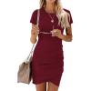 imageBTFBM Womens 2025 Summer Casual Beach Dresses Crew Neck Short Sleeve Wrap Party Club Mini Ruched Bodycon T Shirt DressWine Red