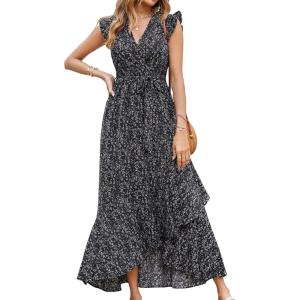 imageBTFBM Summer Floral Maxi Dress for Women 2025 Vacation Ruffle Sleeve V Neck Belt Wrap Spring Beach Wedding Guest DressesFloral Black