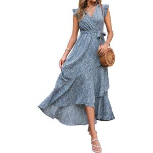 imageBTFBM Summer Floral Maxi Dress for Women 2025 Vacation Ruffle Sleeve V Neck Belt Wrap Spring Beach Wedding Guest DressesFloral Blue