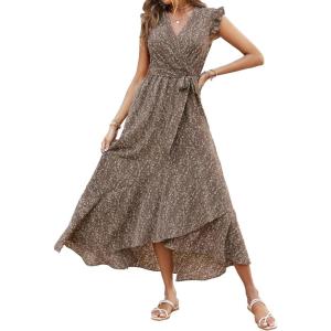 imageBTFBM Summer Floral Maxi Dress for Women 2025 Vacation Ruffle Sleeve V Neck Belt Wrap Spring Beach Wedding Guest DressesFloral Brown