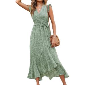 imageBTFBM Summer Floral Maxi Dress for Women 2025 Vacation Ruffle Sleeve V Neck Belt Wrap Spring Beach Wedding Guest DressesFloral Green
