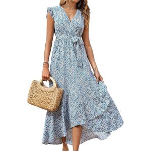 imageBTFBM Summer Floral Maxi Dress for Women 2025 Vacation Ruffle Sleeve V Neck Belt Wrap Spring Beach Wedding Guest DressesFloral Print Blue