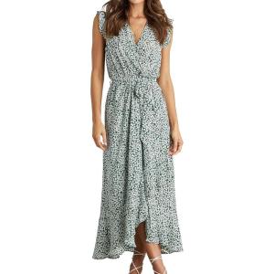 imageBTFBM Summer Floral Maxi Dress for Women 2025 Vacation Ruffle Sleeve V Neck Belt Wrap Spring Beach Wedding Guest DressesFloral Print Green