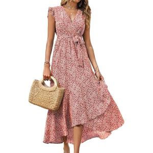 imageBTFBM Summer Floral Maxi Dress for Women 2025 Vacation Ruffle Sleeve V Neck Belt Wrap Spring Beach Wedding Guest DressesFloral Print Red