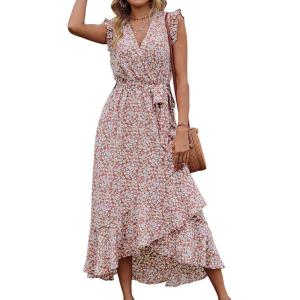 imageBTFBM Summer Floral Maxi Dress for Women 2025 Vacation Ruffle Sleeve V Neck Belt Wrap Spring Beach Wedding Guest DressesFloral Print Wine Red White