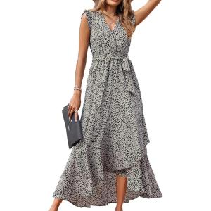 imageBTFBM Summer Floral Maxi Dress for Women 2025 Vacation Ruffle Sleeve V Neck Belt Wrap Spring Beach Wedding Guest DressesFloral White