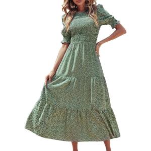 imageBTFBM Women Casual Summer Dresses 2025 Spring Crew Neck Ruffle Short Sleeve Floral Print Smocked Boho Flowy Maxi DressDot Green White