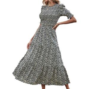 imageBTFBM Women Casual Summer Dresses 2025 Spring Crew Neck Ruffle Short Sleeve Floral Print Smocked Boho Flowy Maxi DressFloral Black Apricot