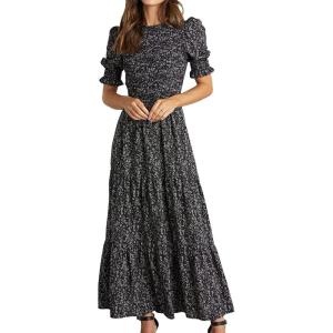 imageBTFBM Women Casual Summer Dresses 2025 Spring Crew Neck Ruffle Short Sleeve Floral Print Smocked Boho Flowy Maxi DressFloral Black White