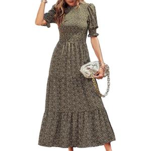 imageBTFBM Women Casual Summer Dresses 2025 Spring Crew Neck Ruffle Short Sleeve Floral Print Smocked Boho Flowy Maxi DressFloral Green