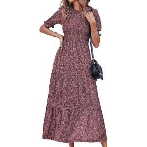 imageBTFBM Women Casual Summer Dresses 2025 Spring Crew Neck Ruffle Short Sleeve Floral Print Smocked Boho Flowy Maxi DressFloral Wine Red White
