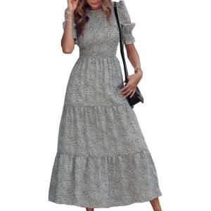 imageBTFBM Women Casual Summer Dresses 2025 Spring Crew Neck Ruffle Short Sleeve Floral Print Smocked Boho Flowy Maxi DressLeopard Apricot Grey