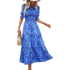 imageBTFBM Women Casual Summer Dresses 2025 Spring Crew Neck Ruffle Short Sleeve Floral Print Smocked Boho Flowy Maxi DressPrint Blue