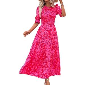 imageBTFBM Women Casual Summer Dresses 2025 Spring Crew Neck Ruffle Short Sleeve Floral Print Smocked Boho Flowy Maxi DressPrint Rose Red