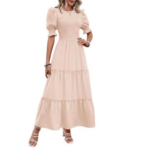 imageBTFBM Women Casual Summer Dresses 2025 Spring Crew Neck Ruffle Short Sleeve Floral Print Smocked Boho Flowy Maxi DressSolid Beige