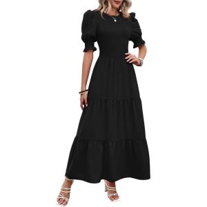 imageBTFBM Women Casual Summer Dresses 2025 Spring Crew Neck Ruffle Short Sleeve Floral Print Smocked Boho Flowy Maxi DressSolid Black