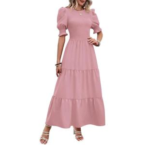 imageBTFBM Women Casual Summer Dresses 2025 Spring Crew Neck Ruffle Short Sleeve Floral Print Smocked Boho Flowy Maxi DressSolid Light Pink