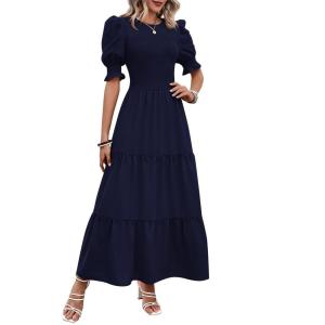imageBTFBM Women Casual Summer Dresses 2025 Spring Crew Neck Ruffle Short Sleeve Floral Print Smocked Boho Flowy Maxi DressSolid Navy