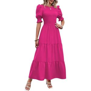 imageBTFBM Women Casual Summer Dresses 2025 Spring Crew Neck Ruffle Short Sleeve Floral Print Smocked Boho Flowy Maxi DressSolid Rose Red