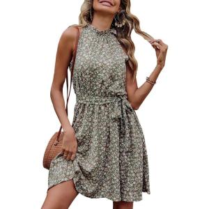 imageBTFBM Women Halter Neck Summer Dresses 2025 Spring Casual Sleeveless Floral Polka Dot Ruffle Mini Boho Beach Sun DressFloral Print Army Green