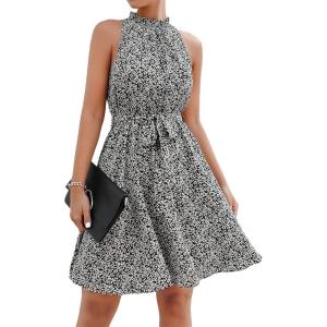 imageBTFBM Women Halter Neck Summer Dresses 2025 Spring Casual Sleeveless Floral Polka Dot Ruffle Mini Boho Beach Sun DressFloral Print Black