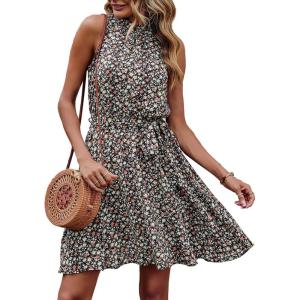 imageBTFBM Women Halter Neck Summer Dresses 2025 Spring Casual Sleeveless Floral Polka Dot Ruffle Mini Boho Beach Sun DressFloral Print Black White