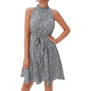 imageBTFBM Women Halter Neck Summer Dresses 2025 Spring Casual Sleeveless Floral Polka Dot Ruffle Mini Boho Beach Sun DressFloral Print Blue