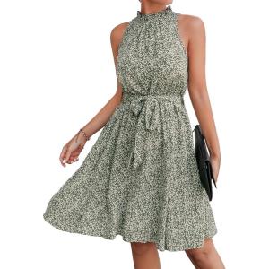 imageBTFBM Women Halter Neck Summer Dresses 2025 Spring Casual Sleeveless Floral Polka Dot Ruffle Mini Boho Beach Sun DressFloral Print Green