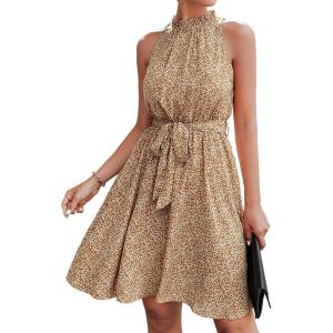 imageBTFBM Women Halter Neck Summer Dresses 2025 Spring Casual Sleeveless Floral Polka Dot Ruffle Mini Boho Beach Sun DressFloral Print Yellow