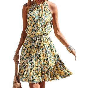 imageBTFBM Women Halter Neck Summer Dresses 2025 Spring Casual Sleeveless Floral Polka Dot Ruffle Mini Boho Beach Sun DressFloral Yellow