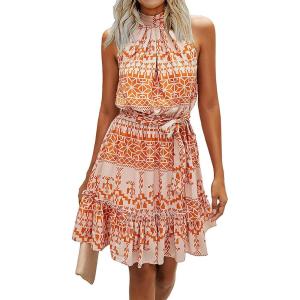 imageBTFBM Women Halter Neck Summer Dresses 2025 Spring Casual Sleeveless Floral Polka Dot Ruffle Mini Boho Beach Sun DressOrangeWhite