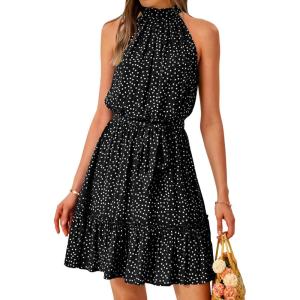 imageBTFBM Women Halter Neck Summer Dresses 2025 Spring Casual Sleeveless Floral Polka Dot Ruffle Mini Boho Beach Sun DressPolka Dot Black