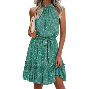 imageBTFBM Women Halter Neck Summer Dresses 2025 Spring Casual Sleeveless Floral Polka Dot Ruffle Mini Boho Beach Sun DressPolka Dot Green